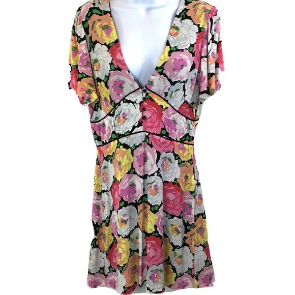 Zara Trafaluc Womens Dress Bright Spring Floral Skater Deep V-Neck Black Sz L - Picture 2 of 11